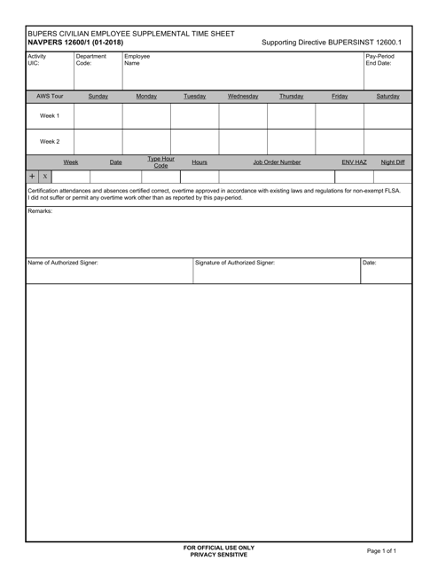 NAVPERS Form 12600/1 Bupers Civilian Employee Supplemental Time Sheet
