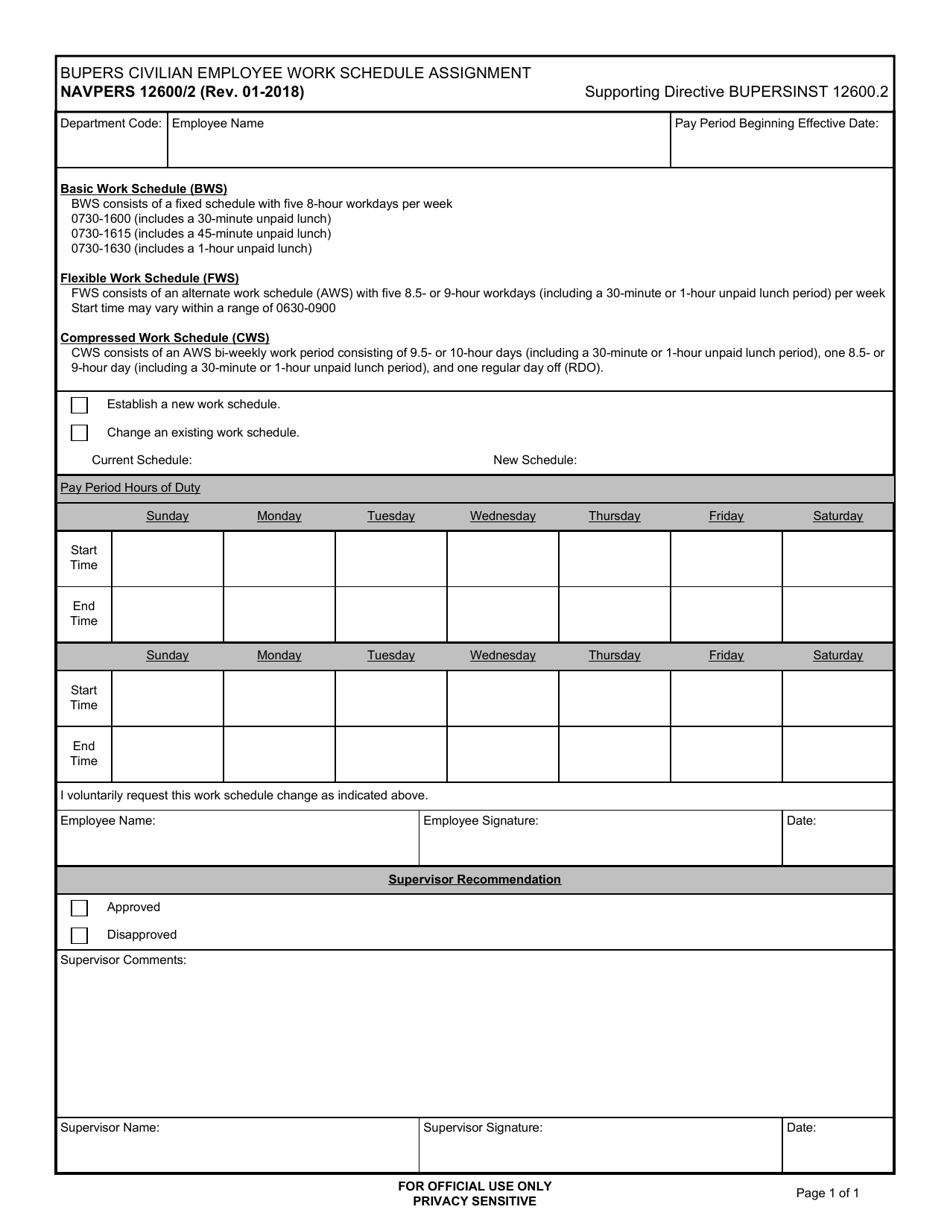 NAVPERS Form 12600 / 2 Bupers Civilian Employee Work Schedule Assignment, Page 1