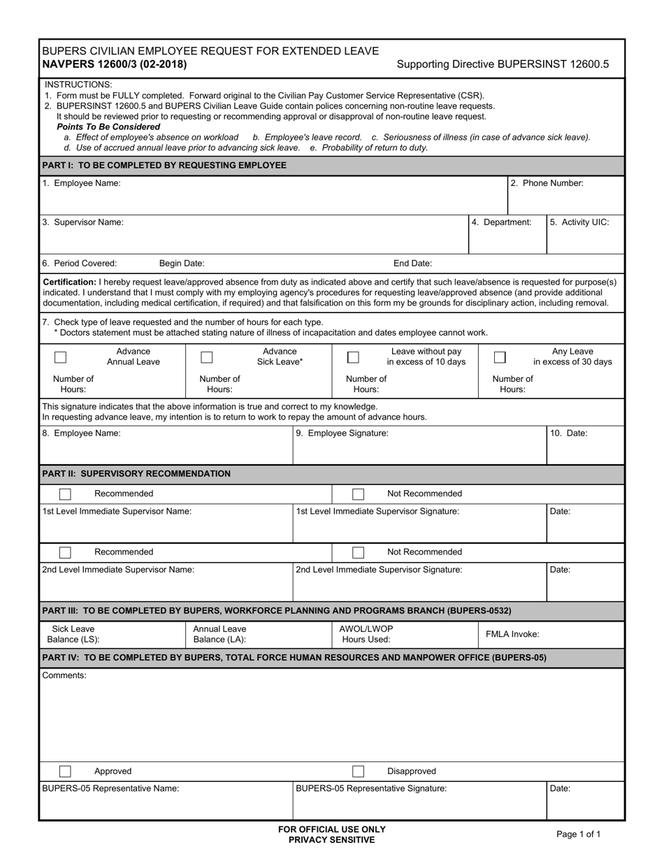 NAVPERS Form 12600 / 3 Bupers Civilian Employee Request for Extended Leave, Page 1
