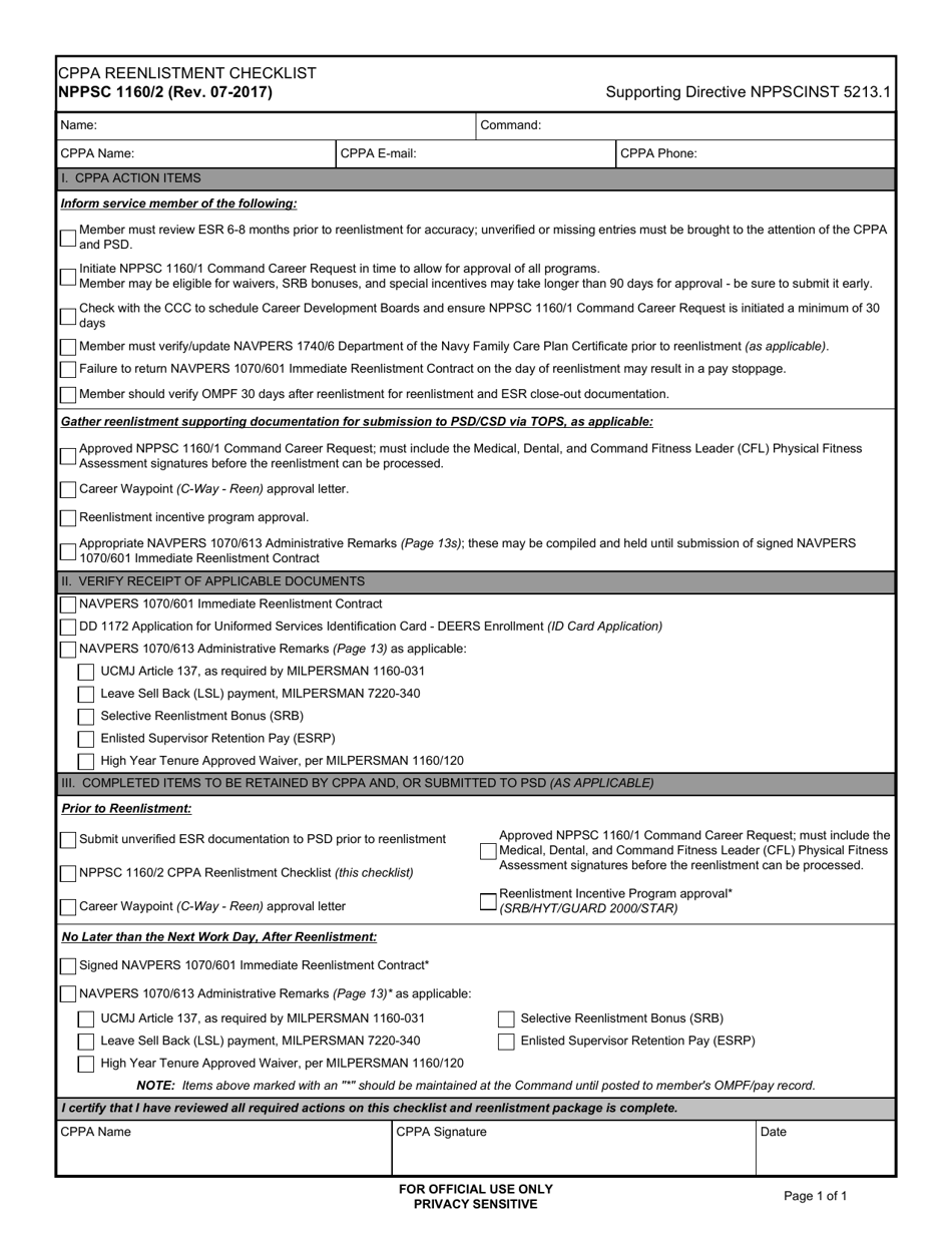 Form NPPSC1160 / 2 Cppa Reenlistment Checklist, Page 1