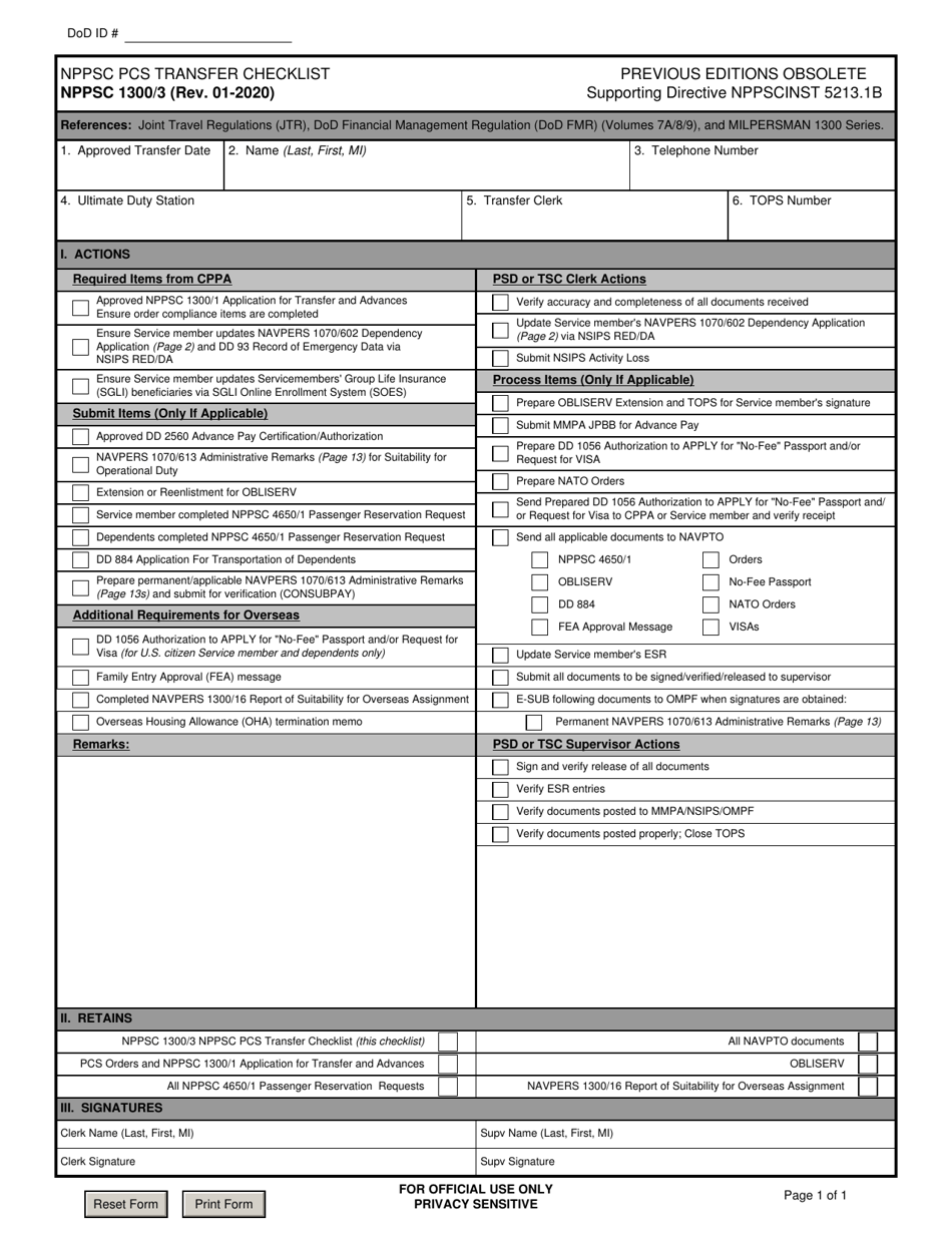 Form NPPSC1300 / 3 Nppsc PCS Transfer Checklist, Page 1