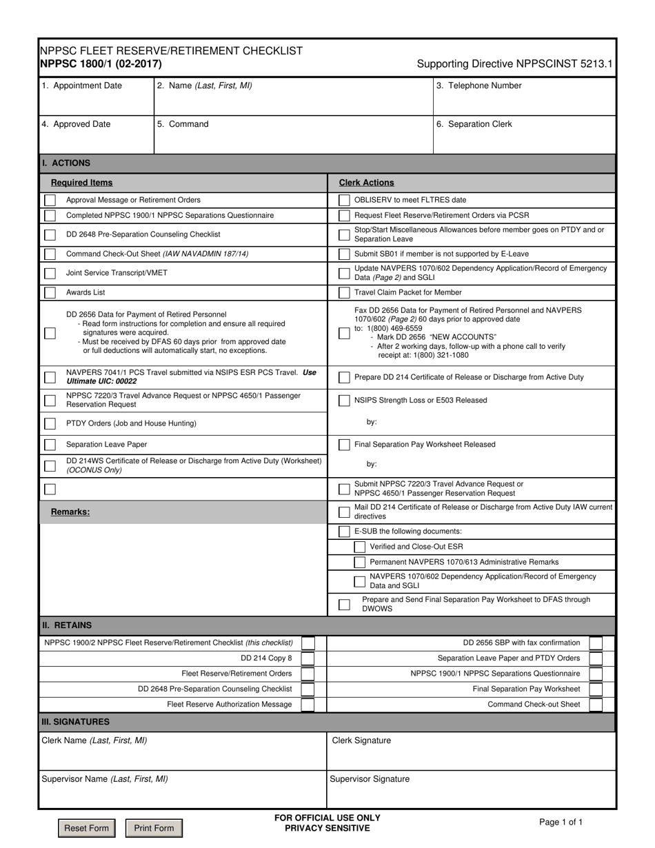 Form NPPSC1800 / 1 Nppsc Fleet Reserve / Retirement Checklist, Page 1