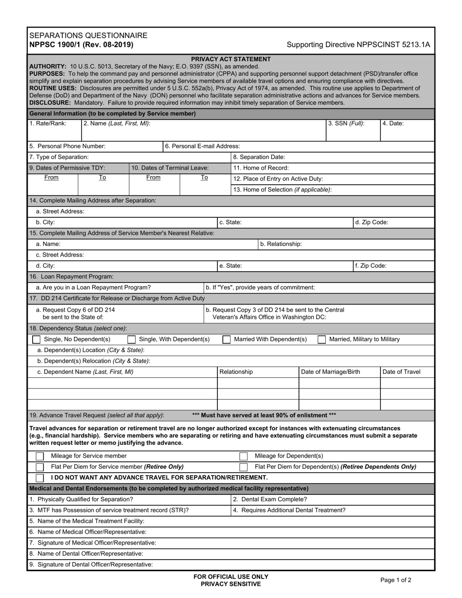 Form NPPSC1900 / 1 Separations Questionnaire, Page 1