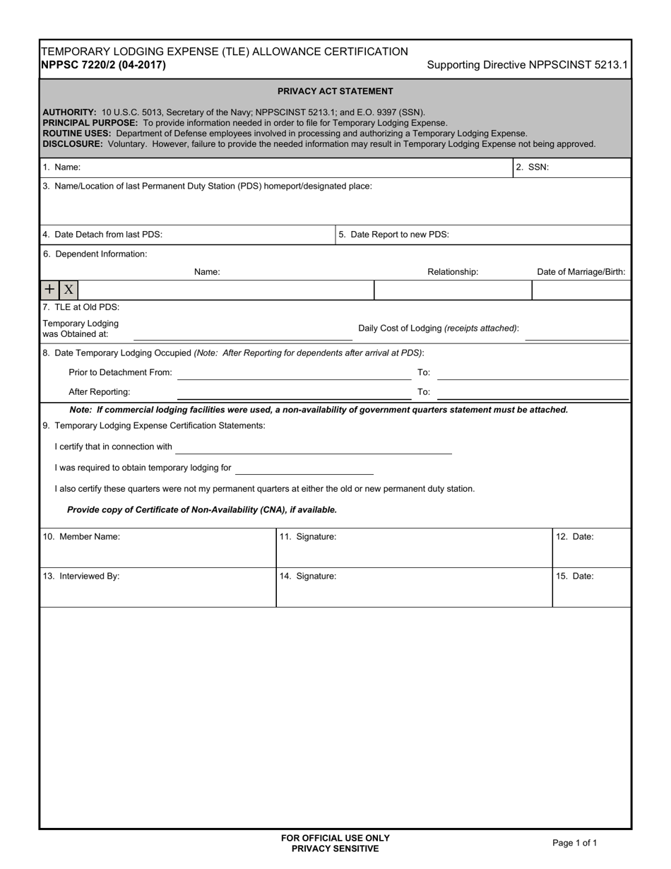 Form NPPSC7220 / 2 Temporary Lodging Expense (Tle) Allowance Certification, Page 1