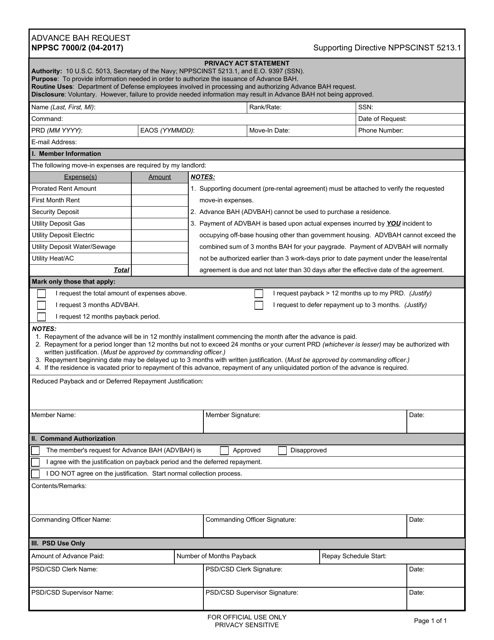 Form NPPSC7000/2 Advance Bah Request
