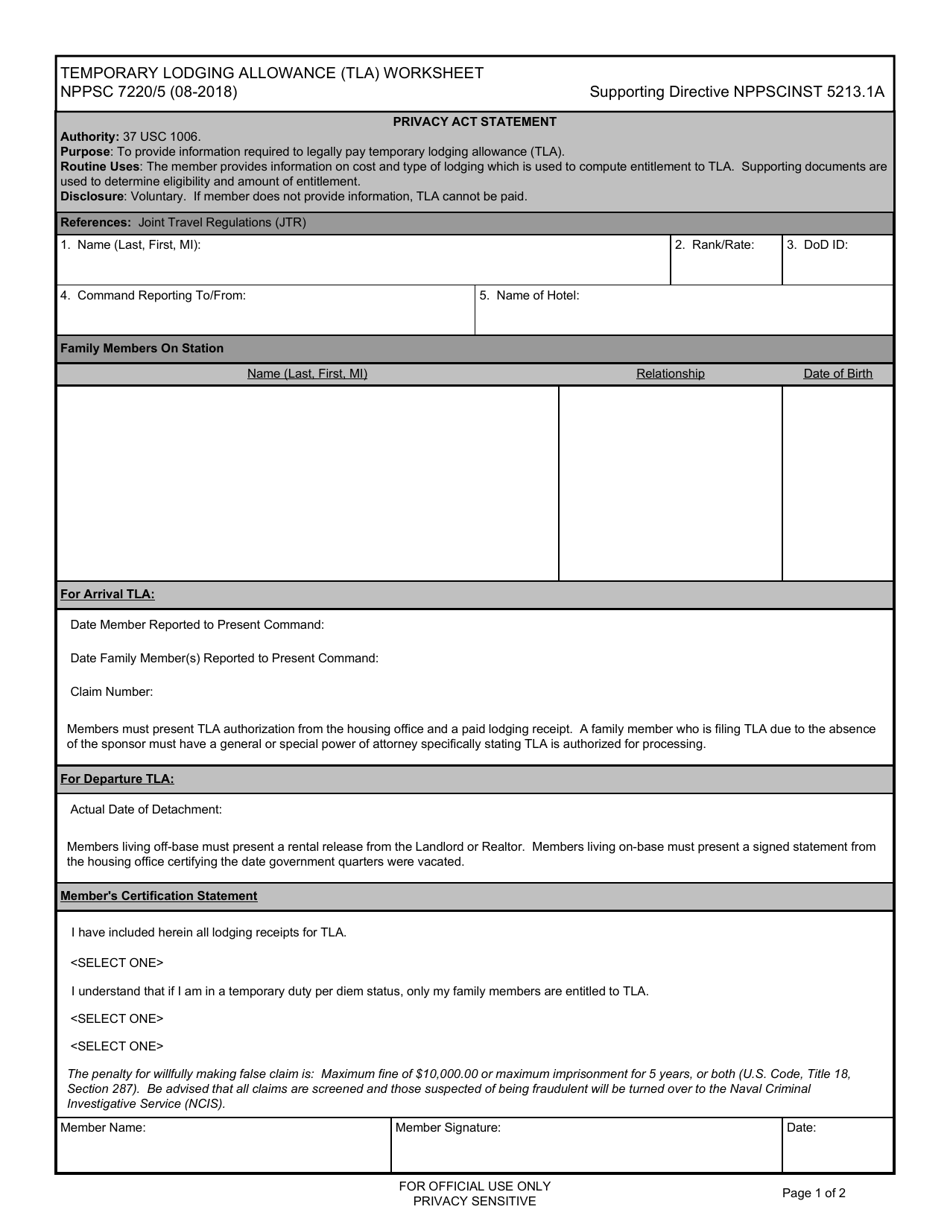 Form NPPSC7220 / 5 Temporary Lodging Allowance (Tla) Worksheet, Page 1