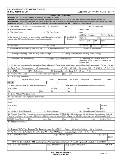 Form NPPSC4650/1 Passenger Reservation Request