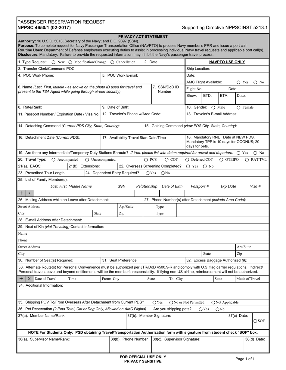 Form NPPSC4650 / 1 Passenger Reservation Request, Page 1