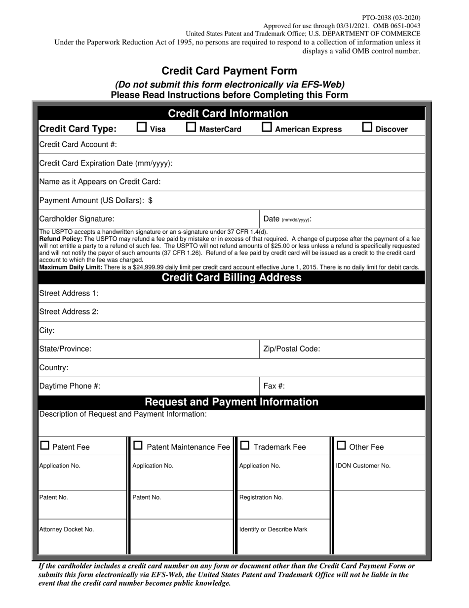 Form PTO-2038 Credit Card Payment Form, Page 3
