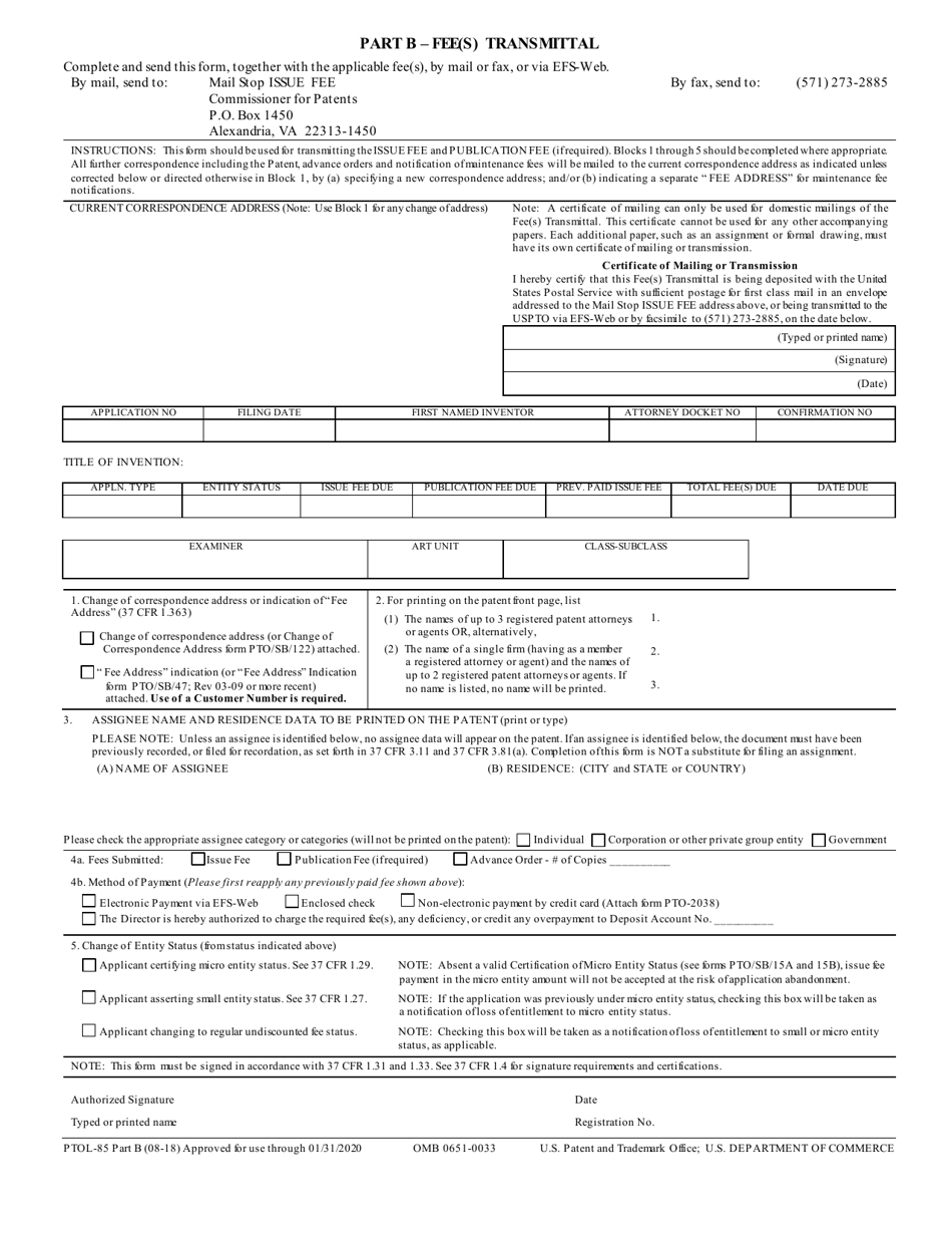 Form PTOL-85B Fee Transmittal (Part B) of the Notice of Allowance and Fee(S) Due Form, Page 1