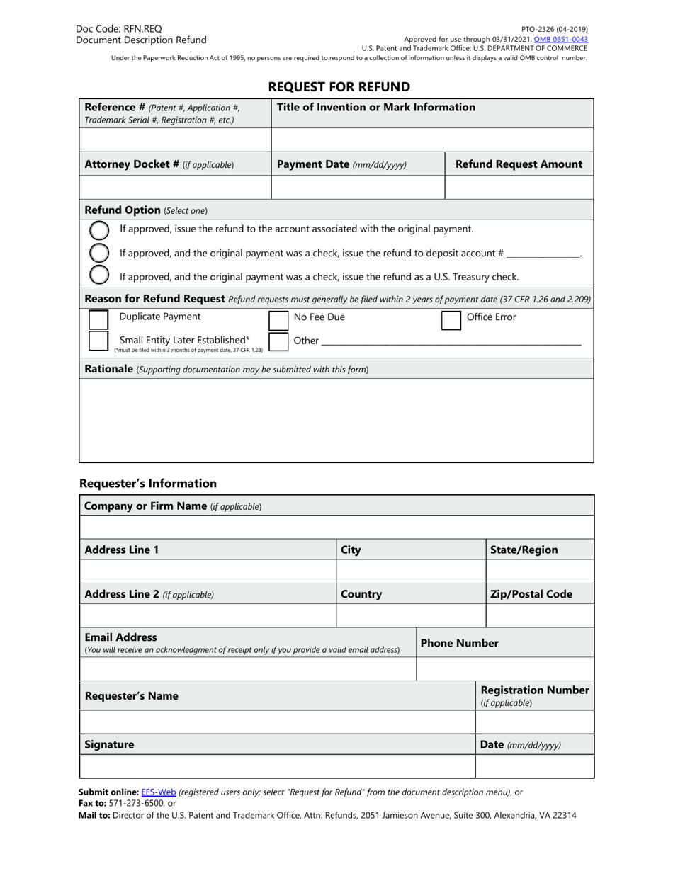 Form PTO-2326 Request for Refund, Page 1