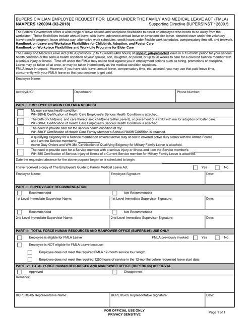 Document preview: NAVPERS Form 12600/4 Bupers Civilian Employee Request for Leave Under the Family and Medical Leave Act