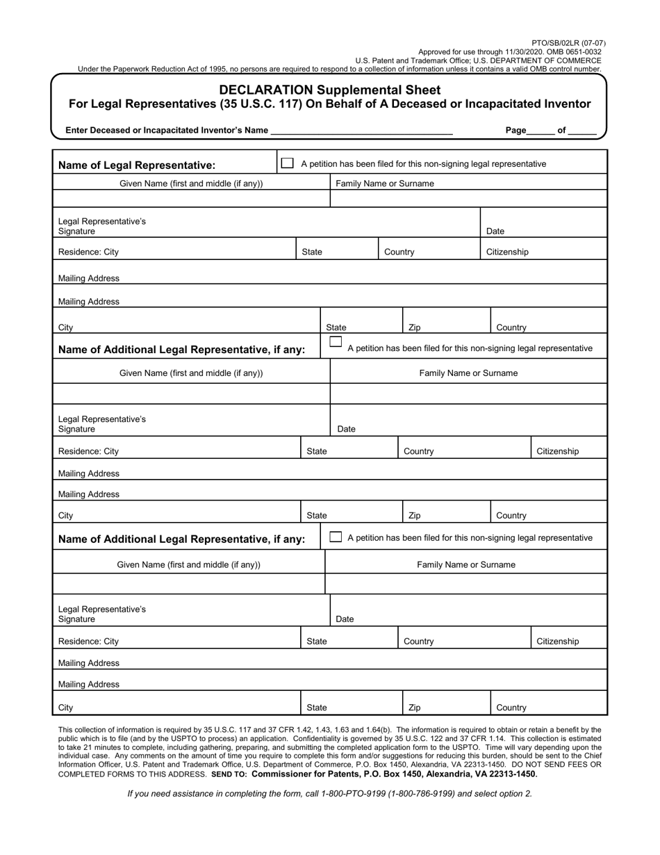 Form PTO / SB / 02LR Declaration Supplemental Sheet for Legal Representatives (35 U.s.c. 117) on Behalf of a Deceased or Incapacitated Inventor, Page 1