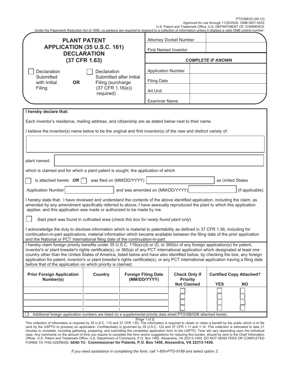 Form PTO / SB / 03 Plant Patent Application (35 Usc 161) Declaration (37 Cfr 1.63), Page 1