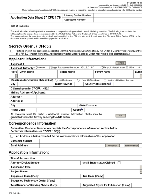 Form PTO/SB/14 Application Data Sheet 37 Cfr 1.76