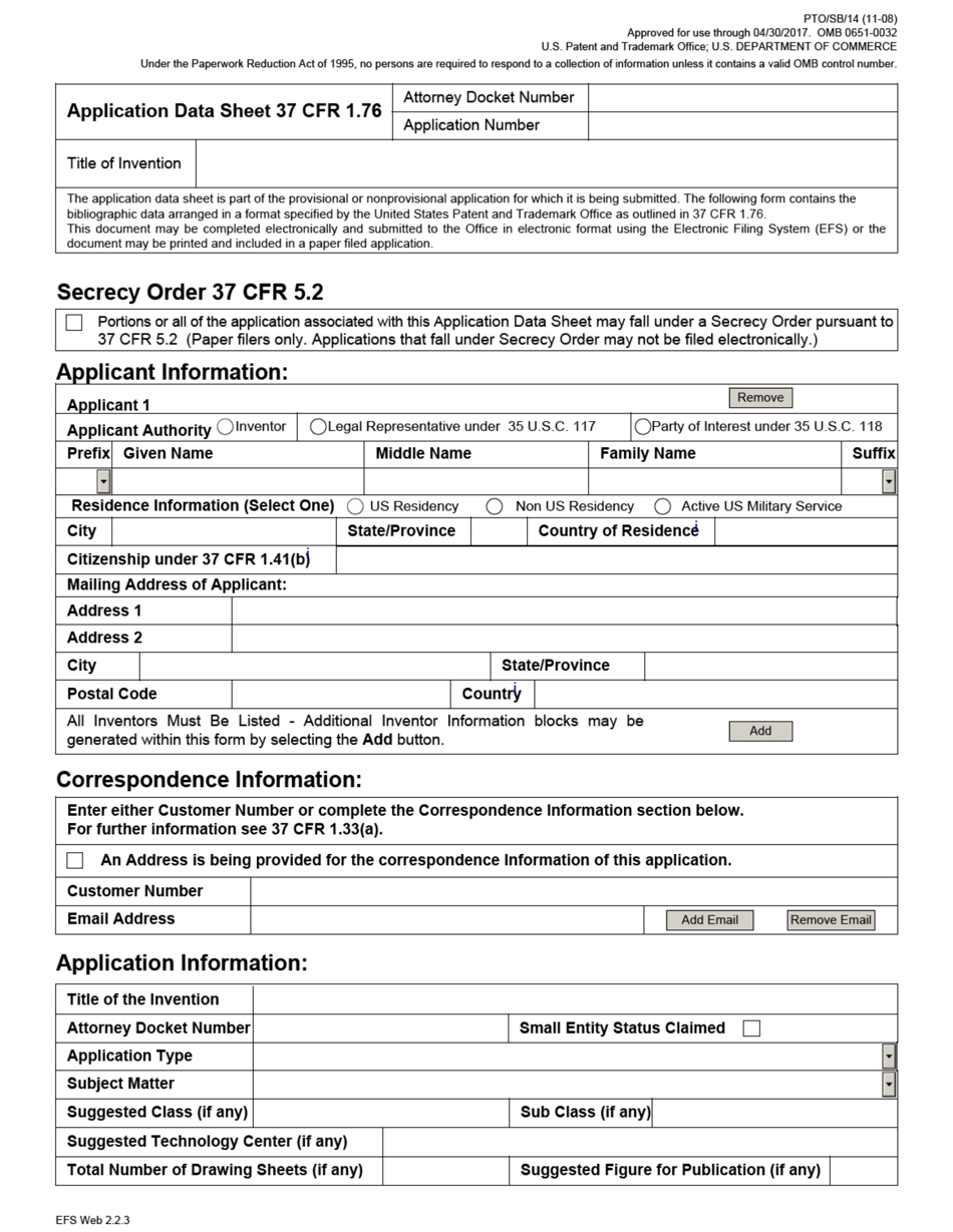Form PTO / SB / 14 Application Data Sheet 37 Cfr 1.76, Page 1
