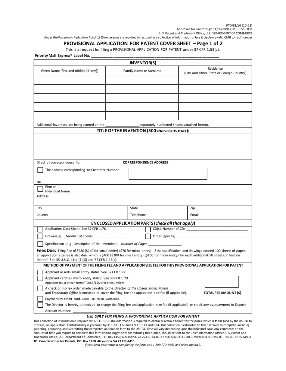 Form PTO / SB / 16 Provisional Application for Patent Cover Sheet, Page 1