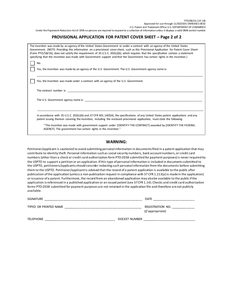 Form PTO / SB / 16 Provisional Application for Patent Cover Sheet, Page 2