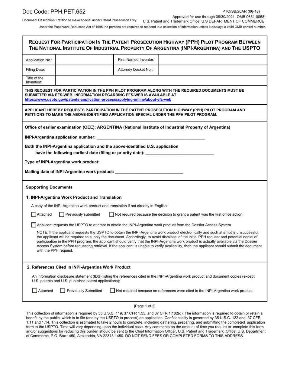 Form PTO / SB / 20AR Request for Participation in the Patent Prosecution Highway (Pph) Pilot Program Between the National Institute of Industrial Property of Argentina (Inpi-Argentina) and the Uspto, Page 1