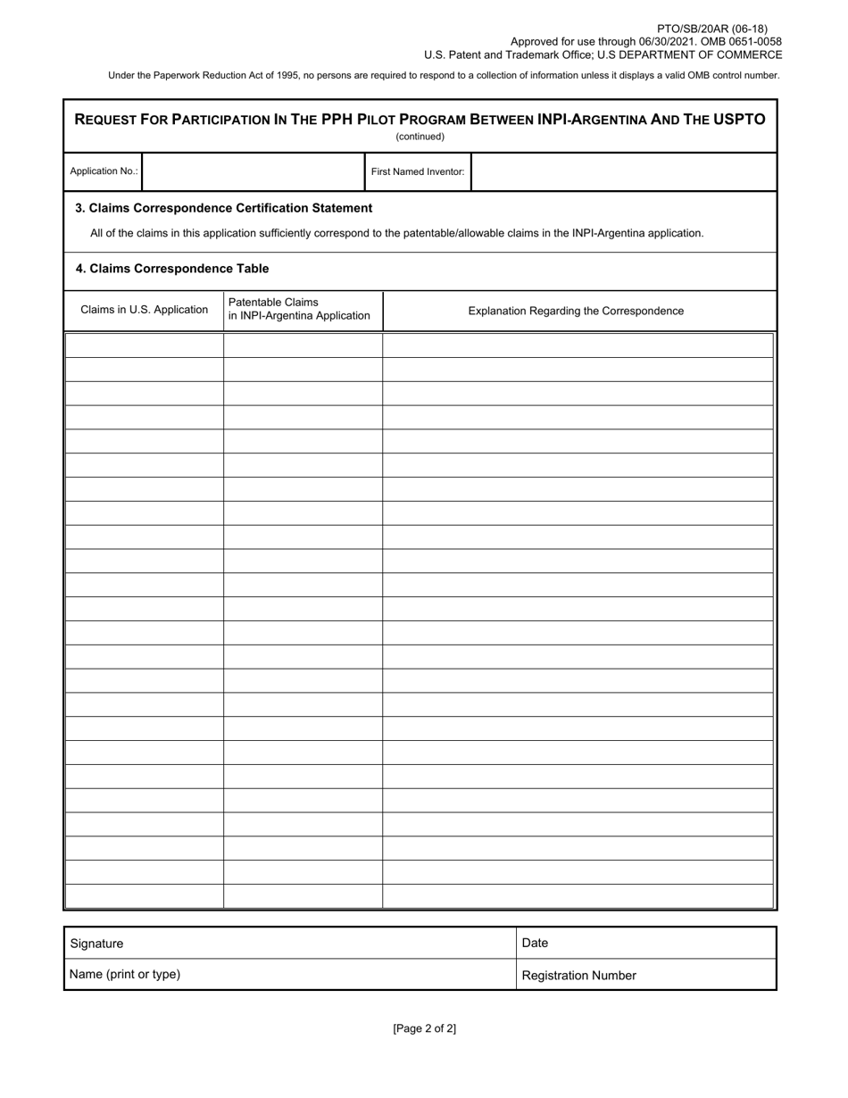 Form PTO / SB / 20AR Request for Participation in the Patent Prosecution Highway (Pph) Pilot Program Between the National Institute of Industrial Property of Argentina (Inpi-Argentina) and the Uspto, Page 2