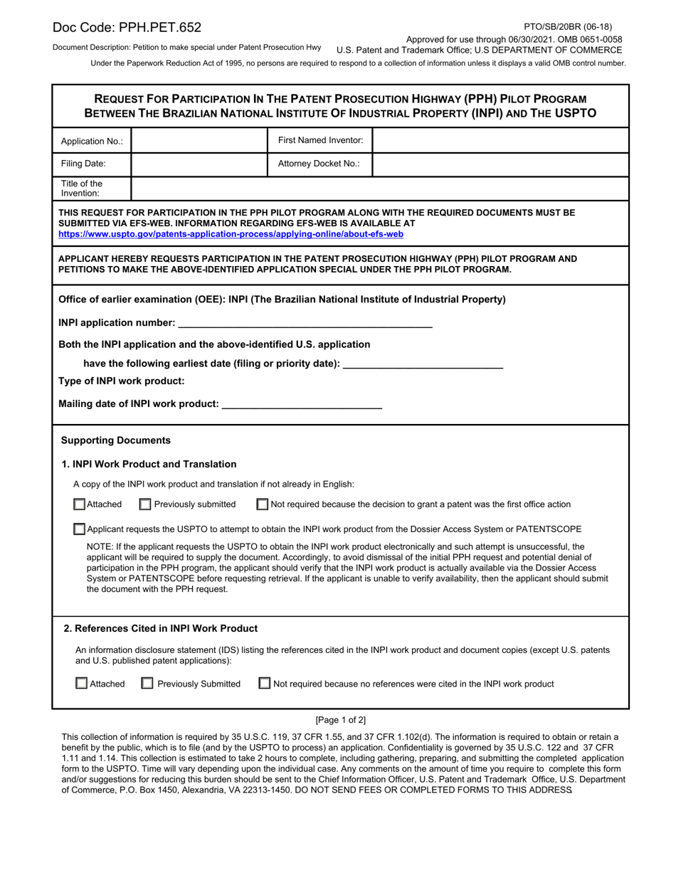 Form PTO / SB / 20BR Request for Participation in the Patent Prosecution Highway (Pph) Pilot Program Between the Brazilian National Institute of Industrial Property (Inpi) and the Uspto, Page 1