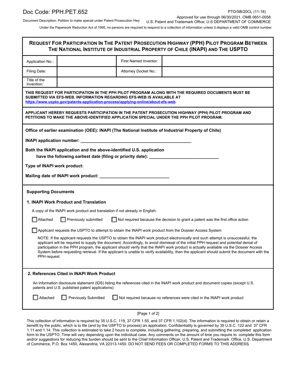 Form PTO / SB / 20CL Request for Participation in the Patent Prosecution Highway (Pph) Pilot Program Between the National Institute of Industrial Property of Chile (Inapi) and the Uspto, Page 1