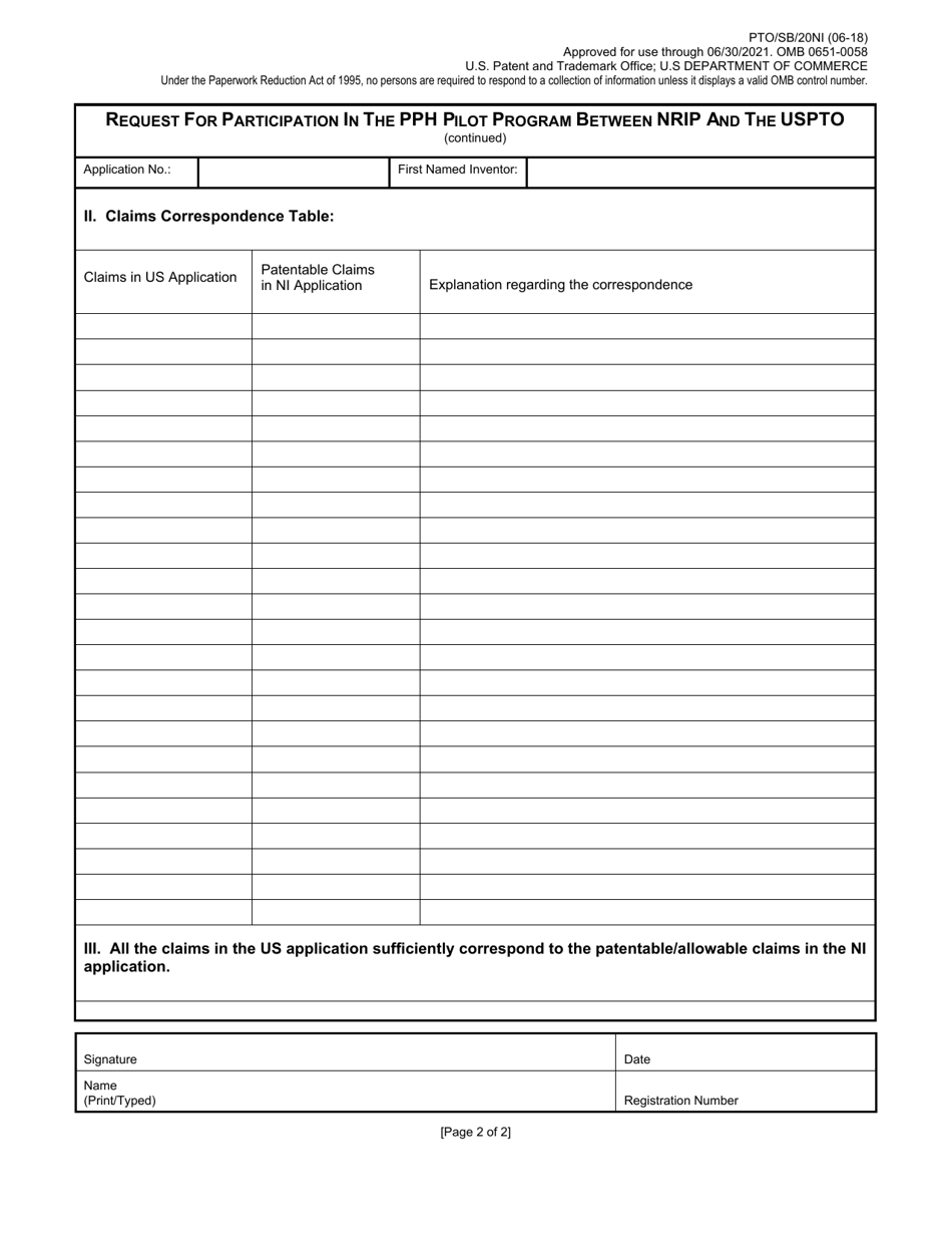 Form PTO / SB / 20NI Request for Participation in the Patent Prosecution Highway (Pph) Pilot Program Between the Nicaraguan Registry of Intellectual Property (Nrip) and the Uspto, Page 2