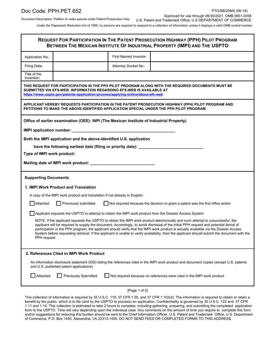 Form PTO / SB / 20MX Request for Participation in the Patent Prosecution Highway (Pph) Pilot Program Between the Mexican Institute of Industrial Property (Impi) and the Uspto, Page 1