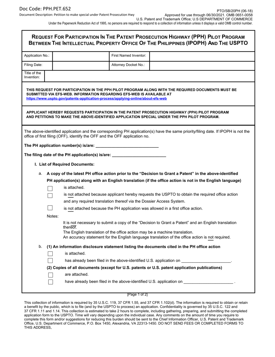 Form PTO / SB / 20PH Request for Participation in the Patent Prosecution Highway (Pph) Pilot Program Between the Intellectual Property Office of the Philippines (Ipophl) and the Uspto, Page 1