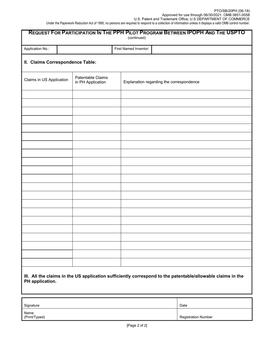 Form PTO / SB / 20PH Request for Participation in the Patent Prosecution Highway (Pph) Pilot Program Between the Intellectual Property Office of the Philippines (Ipophl) and the Uspto, Page 2
