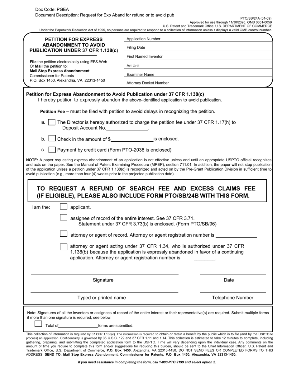 Form PTO / SB / 24A Petition for Express Abandonment to Avoid Publication Under 37 Cfr 1.138(C), Page 1