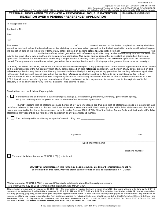 Form PTO/SB/25 Download Fillable PDF or Fill Online Terminal Disclaimer ...