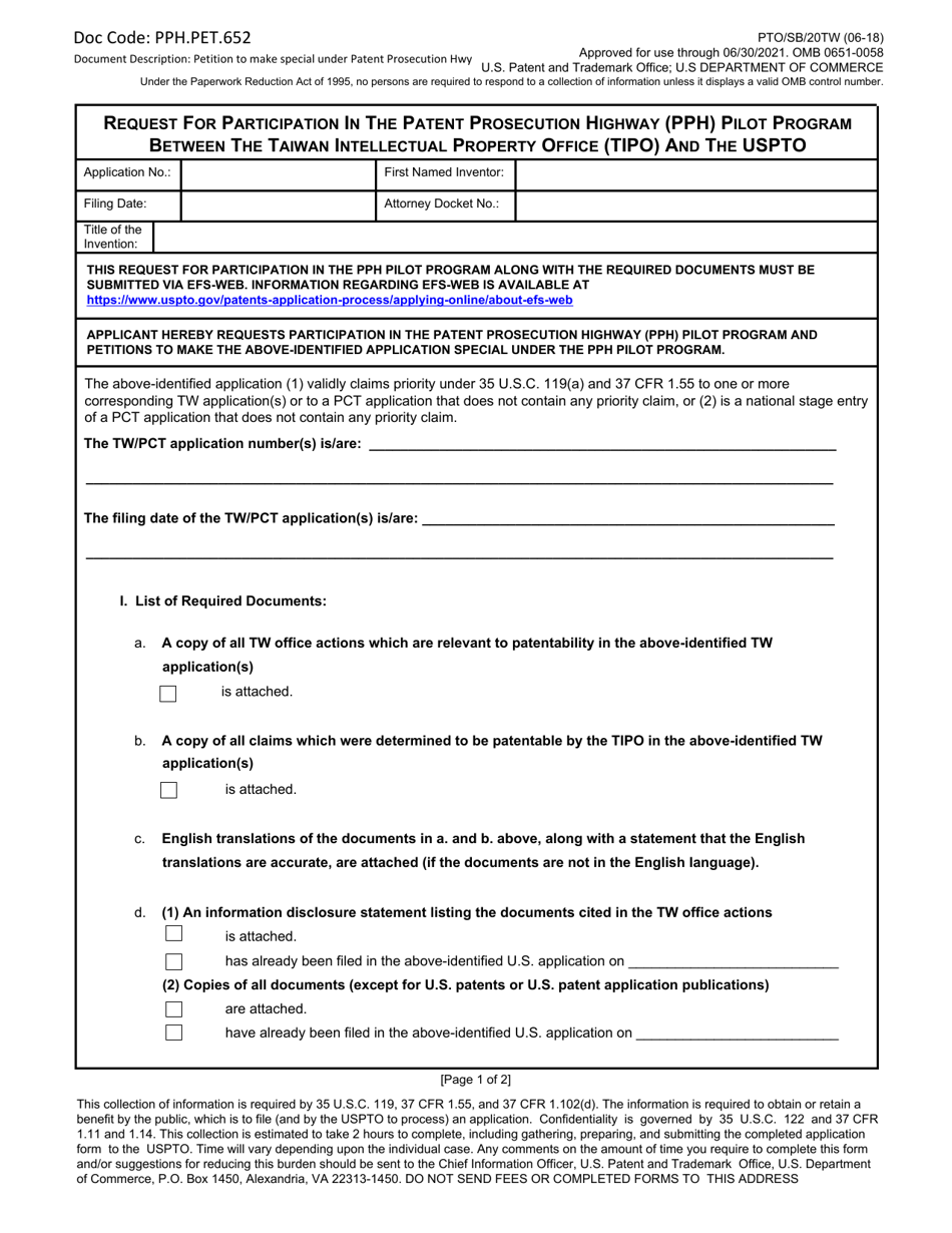 Form PTO / SB / 20TW Request for Participation in the Patent Prosecution Highway (Pph) Pilot Program Between the Taiwan Intellectual Property Office (Tipo) and the Uspto, Page 1