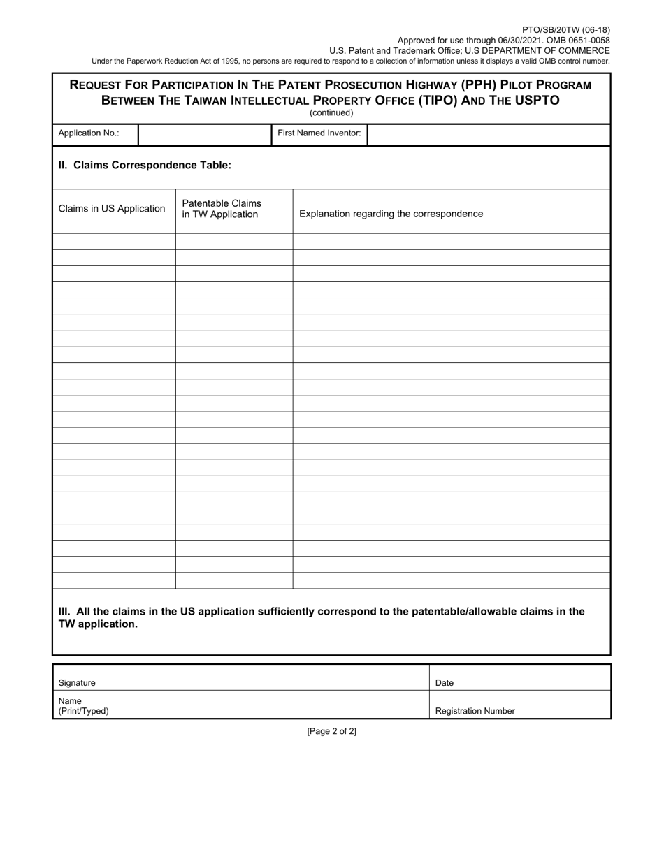 Form PTO / SB / 20TW Request for Participation in the Patent Prosecution Highway (Pph) Pilot Program Between the Taiwan Intellectual Property Office (Tipo) and the Uspto, Page 2