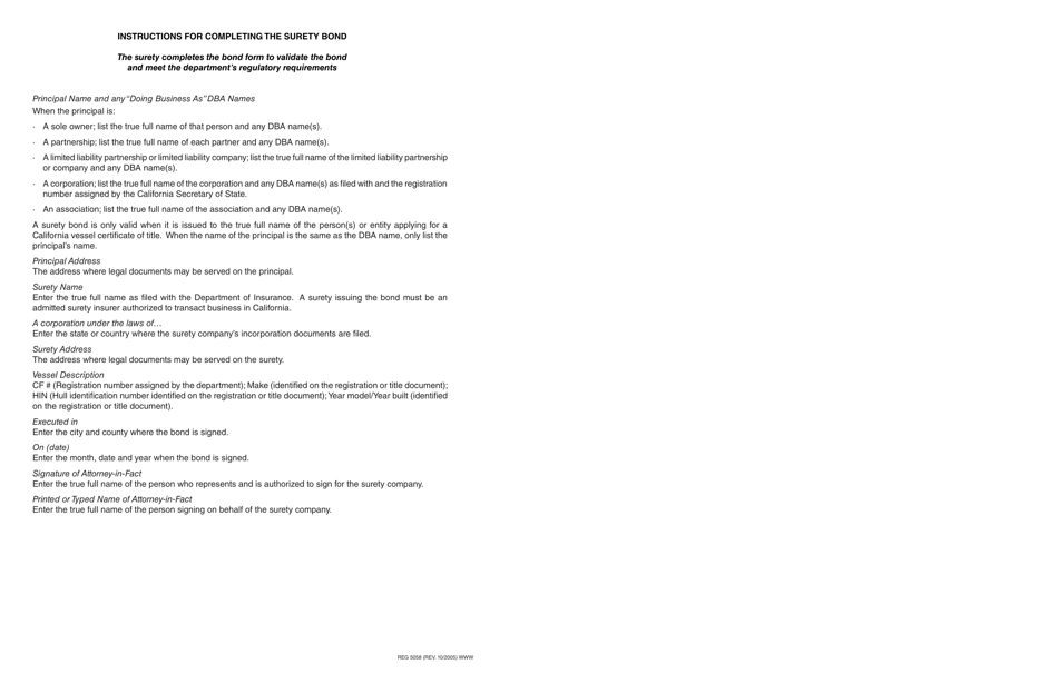 Form REG5058 Undocumented Vessel Surety Bond - California, Page 2