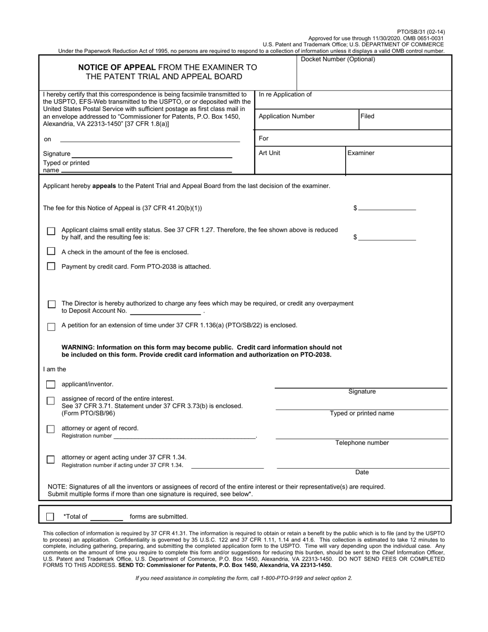 Form PTO / SB / 31 Notice of Appeal From the Examiner to the Patent Trial and Appeal Board, Page 1