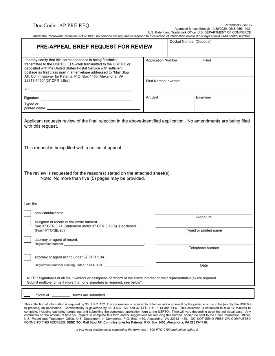 Form PTO / SB / 33 Pre-appeal Brief Request for Review, Page 1