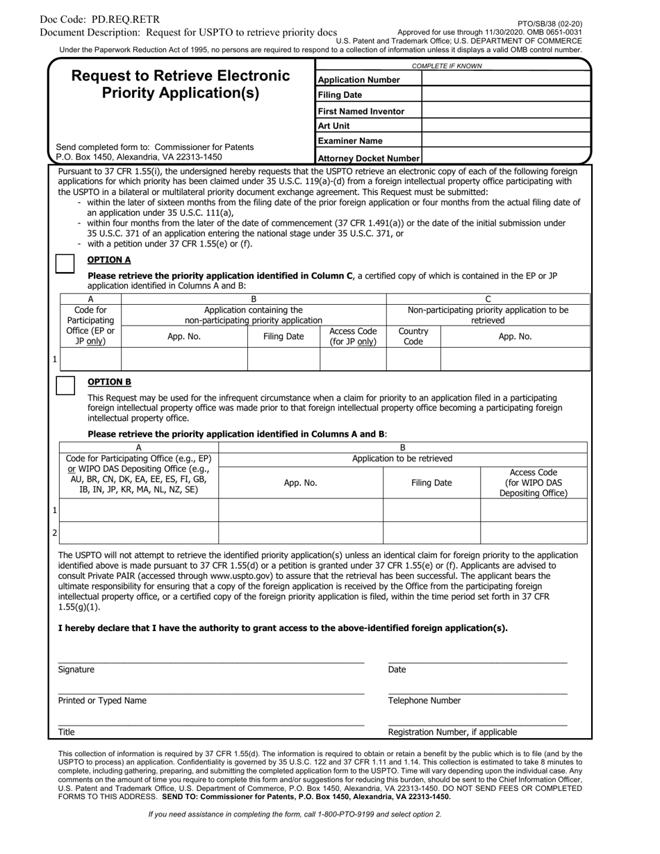 Form PTO / SB / 38 Request to Retrieve Electronic Priority Application(S), Page 1