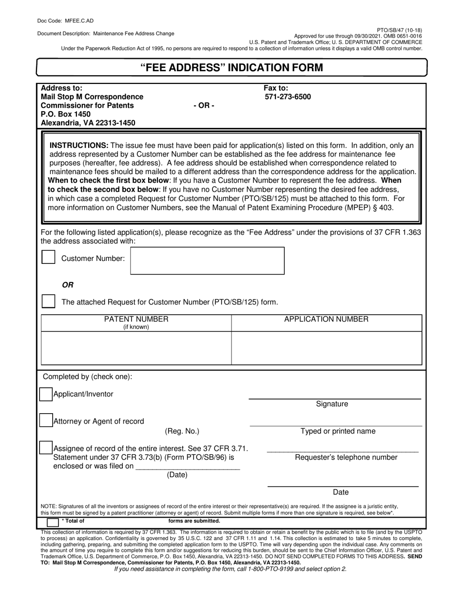 Form PTO / SB / 47 fee Address Indication Form, Page 1