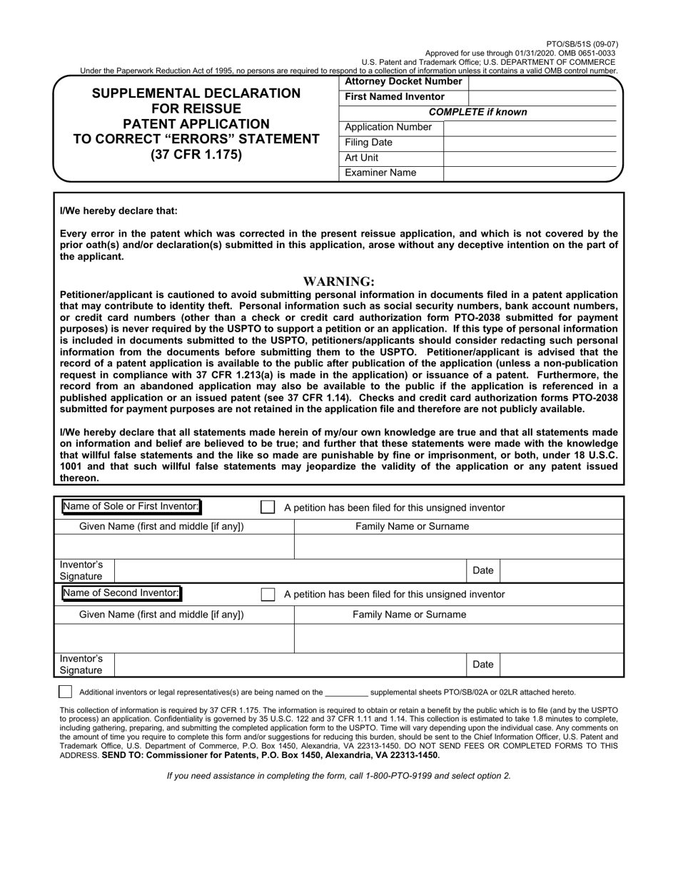 Form PTO / SB / 51S Supplemental Declaration for Reissue Patent Application to Correct errors Statement (37 Cfr 1.175), Page 1