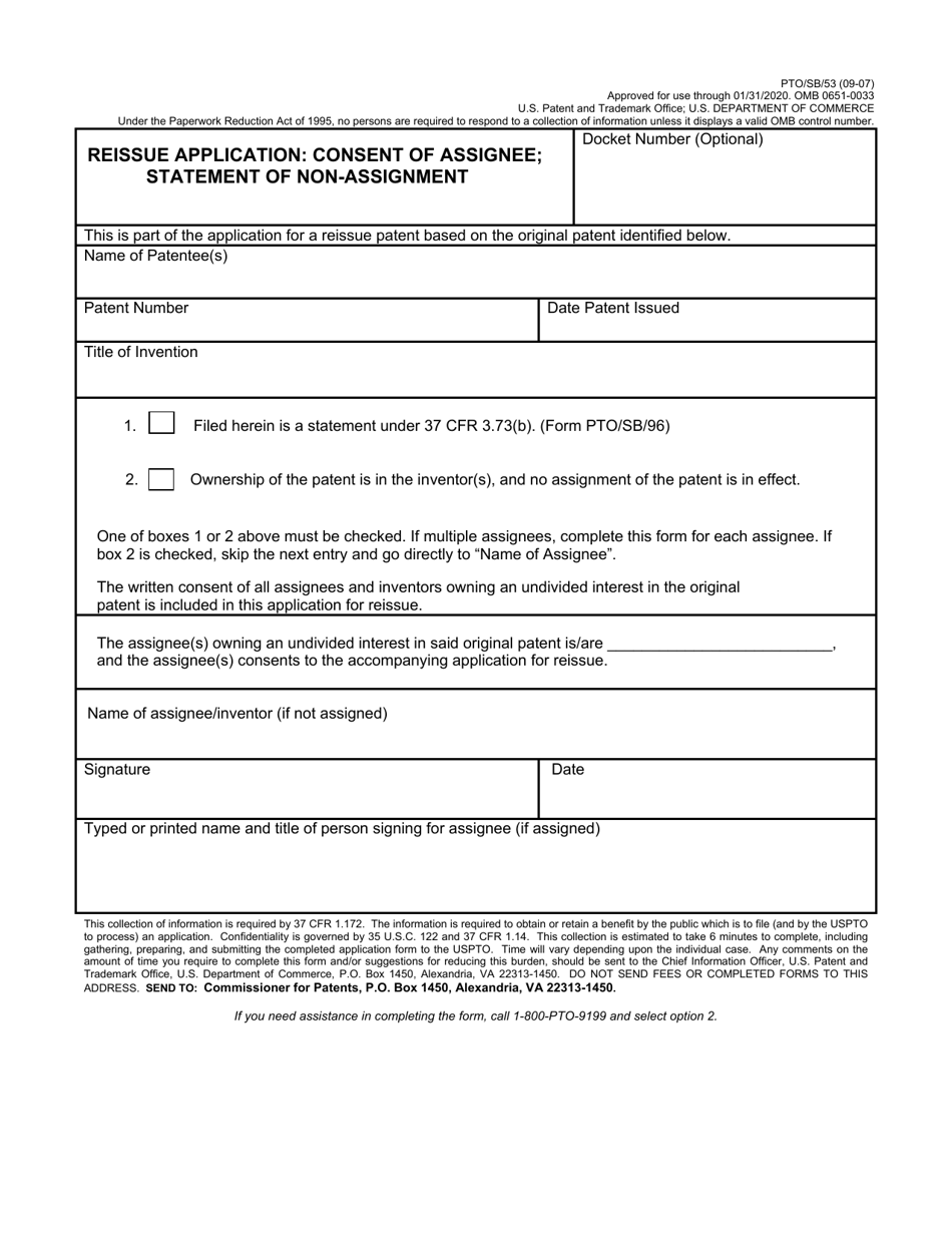 Form PTO / SB / 53 Reissue Application: Consent of Assignee; Statement of Non-assignment, Page 1