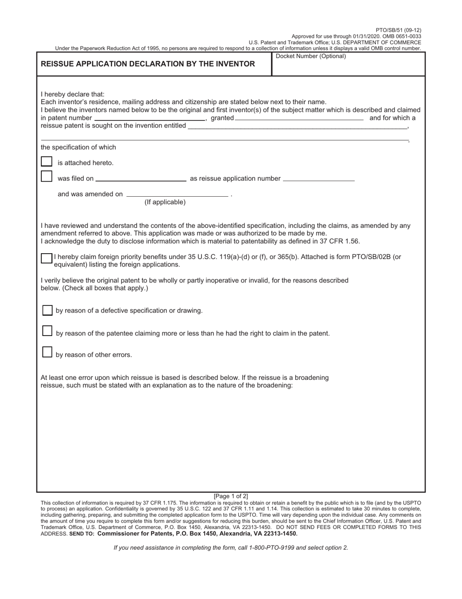Form PTO / SB / 51 Reissue Application Declaration by the Inventor, Page 1