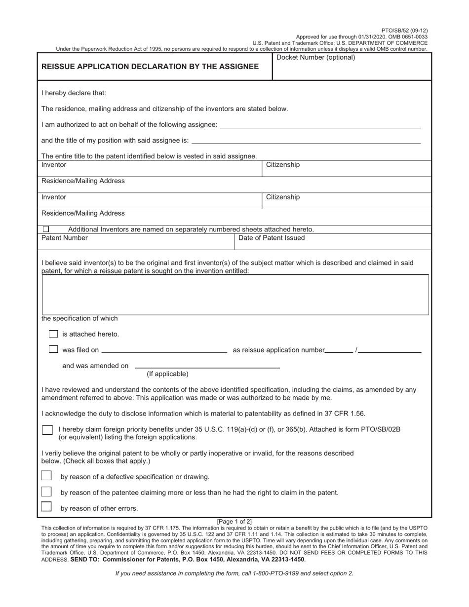 Form PTO / SB / 52 Reissue Application Declaration by the Assignee, Page 1