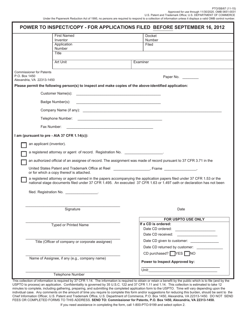 Form PTO/SB/67 - Fill Out, Sign Online And Download Fillable PDF ...