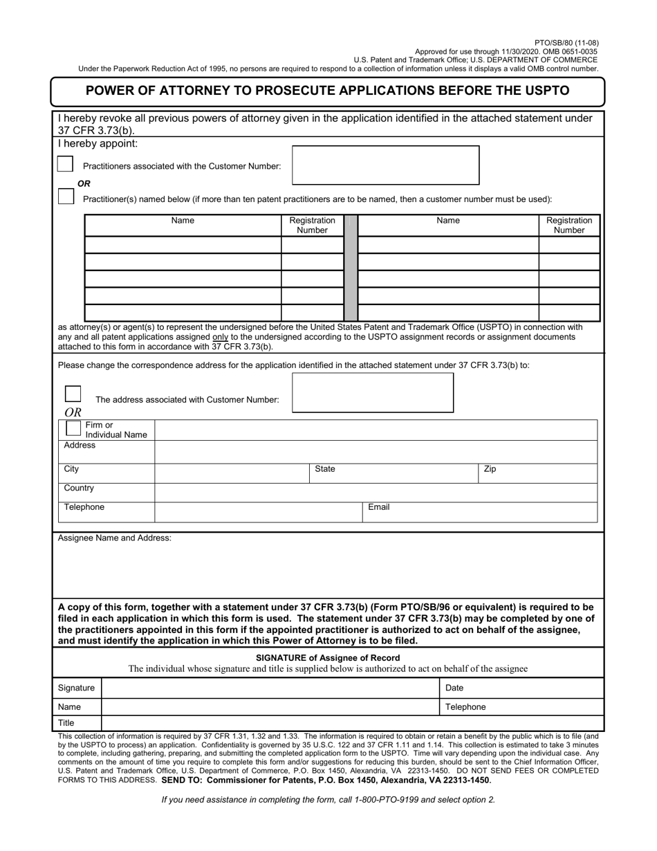 Form PTO / SB / 80 Power of Attorney to Prosecute Applications Before the Uspto, Page 1