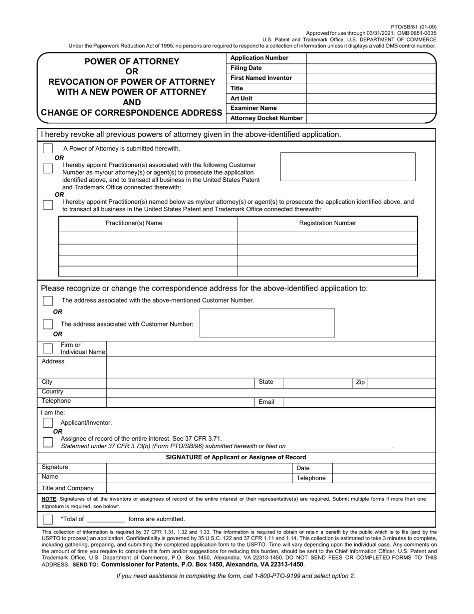 Form PTO/SB/81 Power of Attorney or Revocation of Power of Attorney With a New Power of Attorney and Change of Correspondence Address, Page 1