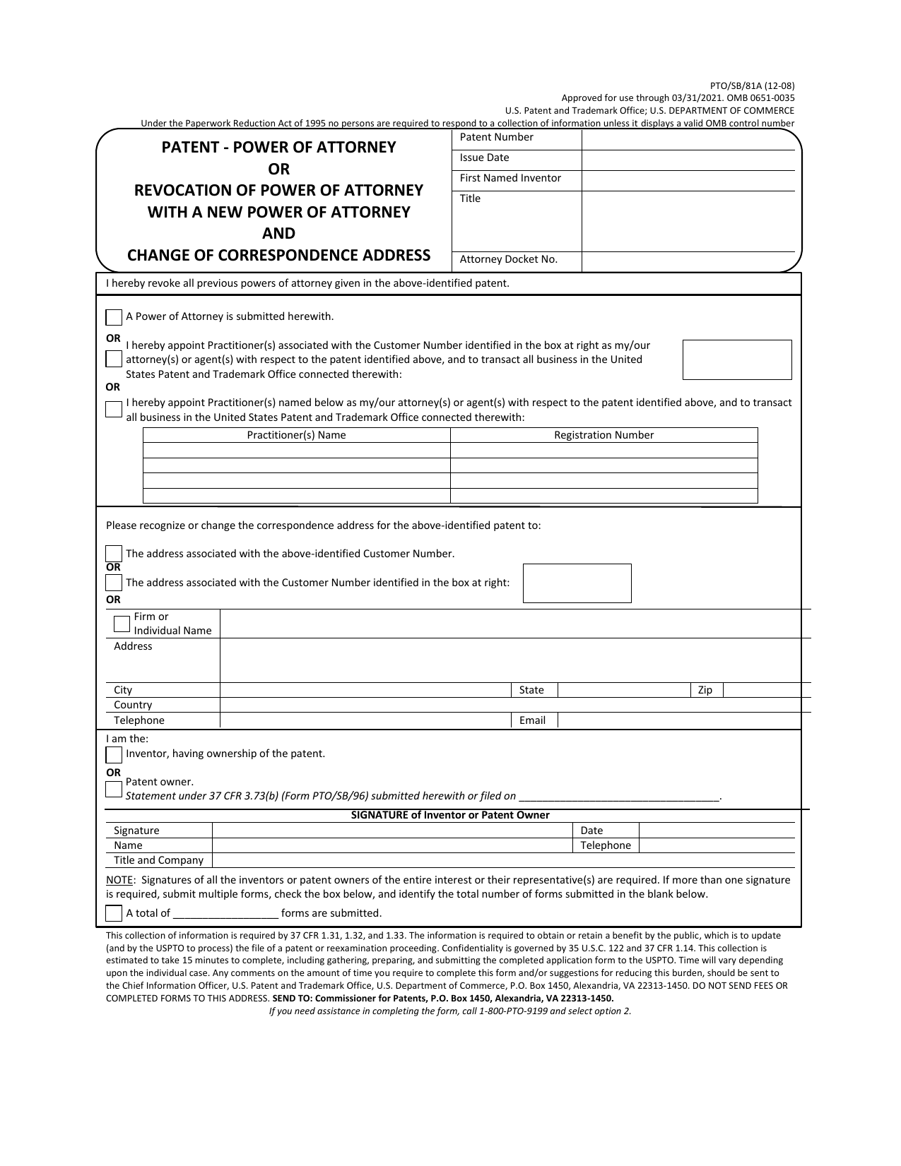 Form PTO/SB/81A Patent - Power of Attorney or Revocation of Power of Attorney With a New Power of Attorney and Change of Correspondence Address, Page 1