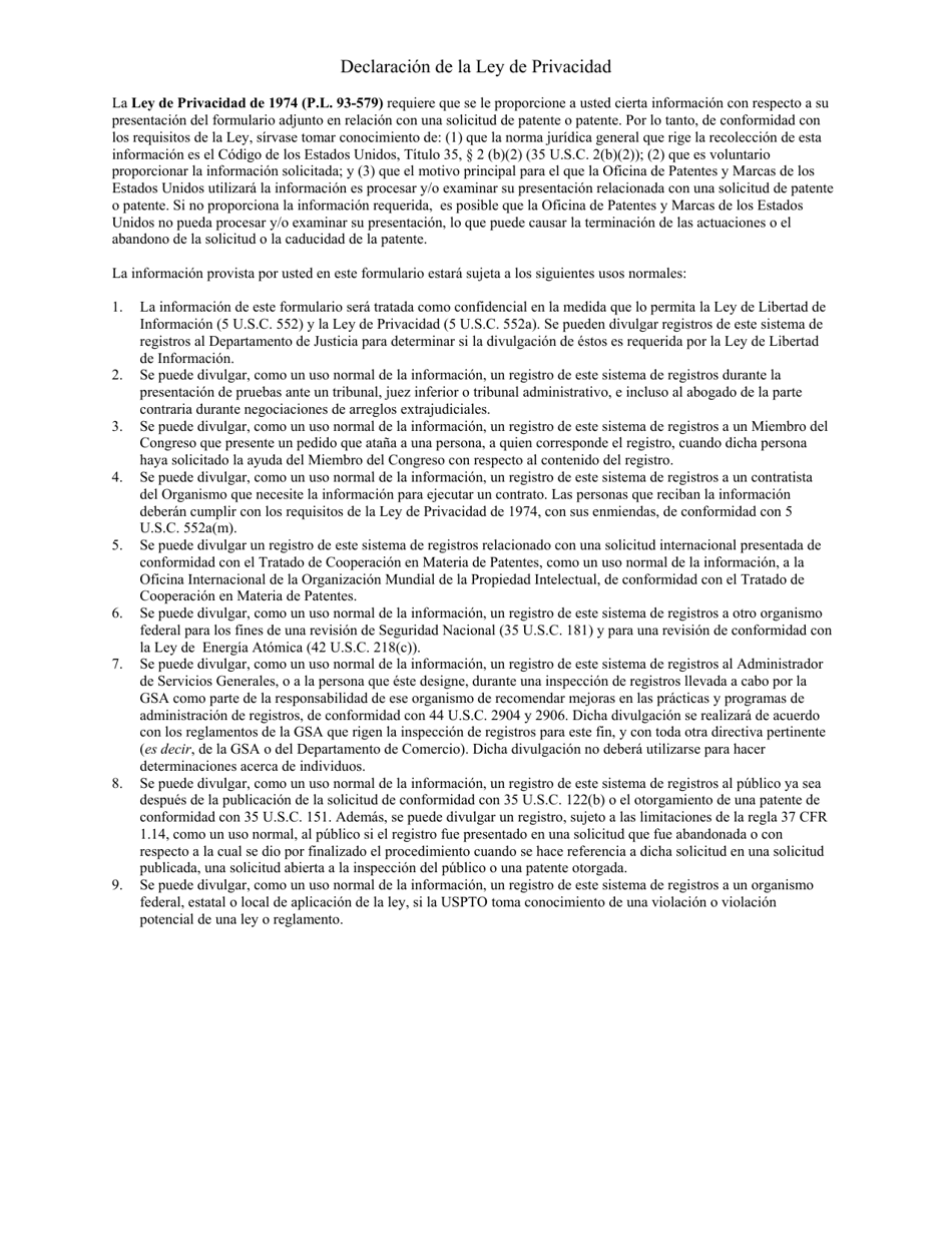 Form PTO / SB / 82ES Power of Attorney or Revocation of Power of Attorney With a New Power of Attorney and Change of Correspondence Address (English / Spanish), Page 3