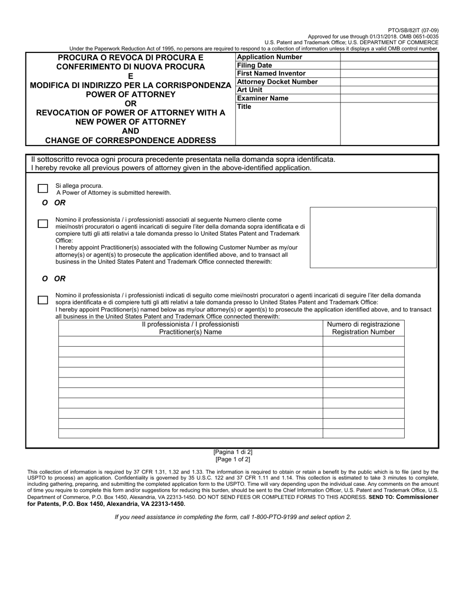 Form PTO / SB / 82IT Power of Attorney or Revocation of Power of Attorney With a New Power of Attorney and Change of Correspondence Address (English / Italian), Page 1