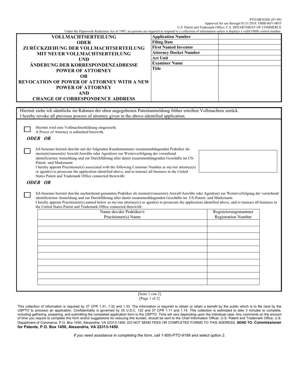 Form PTO / SB / 82DE Power of Attorney or Revocation of Power of Attorney With a New Power of Attorney and Change of Correspondence Address, Page 1